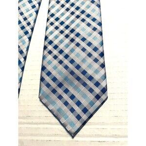 Stafford Mens Silk Tie Gray Black Teal Silver Stripes Checks Plaids Handmade 60"